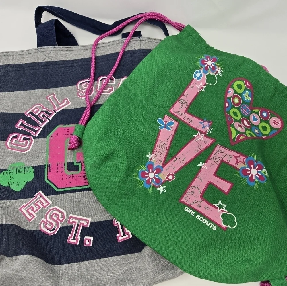 GIRL SCOUTS LOT OF 2 TOTE BAG & BACKPACK GREEN & PINK COTTON BLEND BRIDGING GIFT